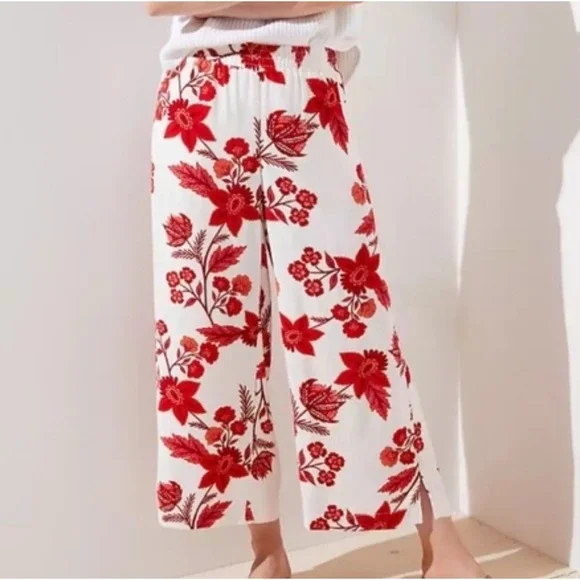 Loft Women's Small Floral Pull On Wide Leg Cropped Pants Pockets Travel Resort - Picture 1 of 16